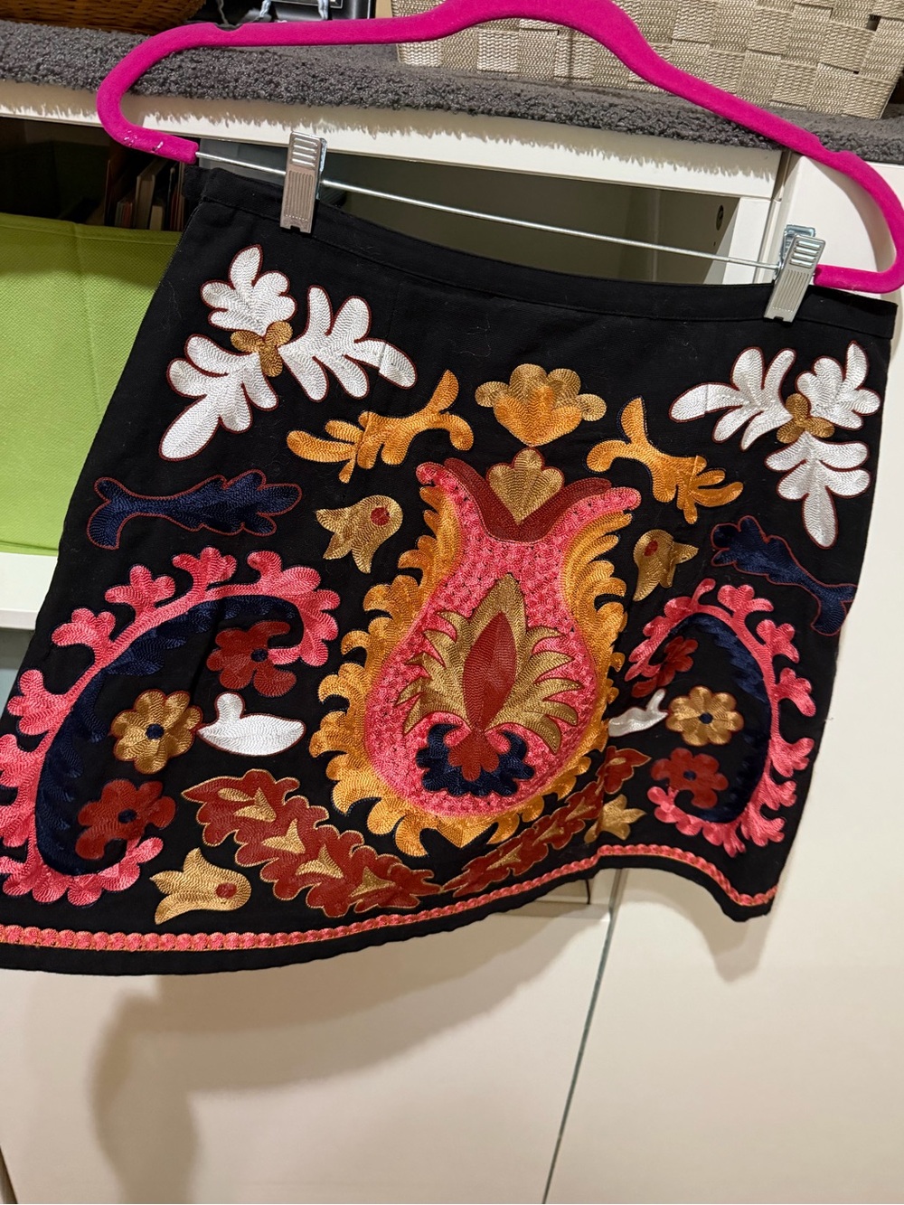 H&M Vintage Black Embroidered Mini Skirt with Pink & Gold Floral Motif